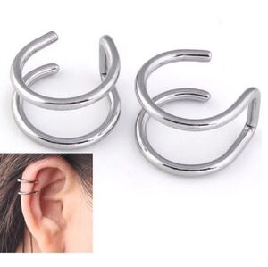 Pair of Double Ear Cuff Clip Earnings Silver Color